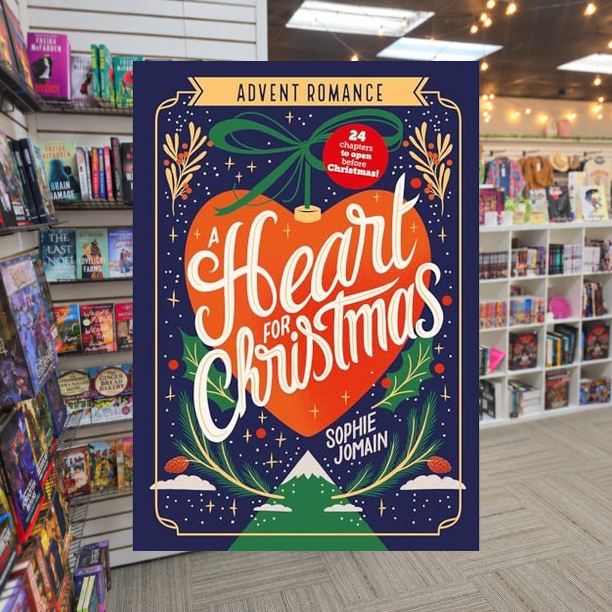 A Heart for Christmas: Advent Romance by Sophie Jomain — actual cover on The Perk bookstore background