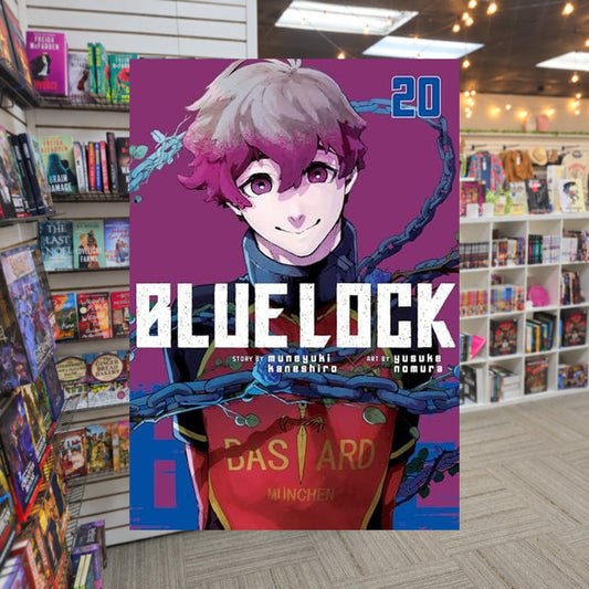 Blue Lock 20 by Muneyuki Kaneshiro — actual cover on The Perk bookstore background