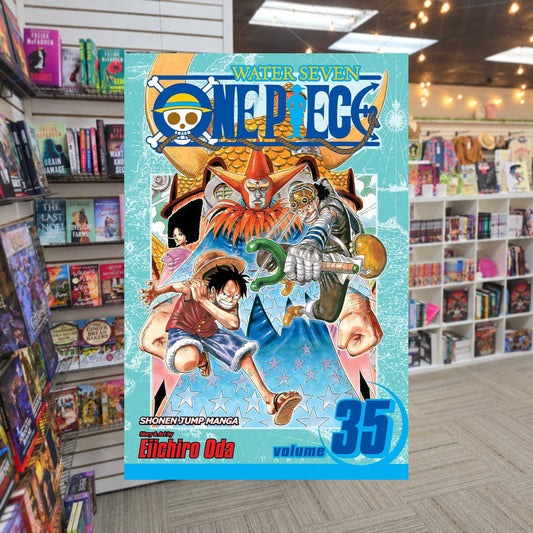 One Piece, Volume 35: Captain by Eiichiro Oda — actual cover on The Perk bookstore background