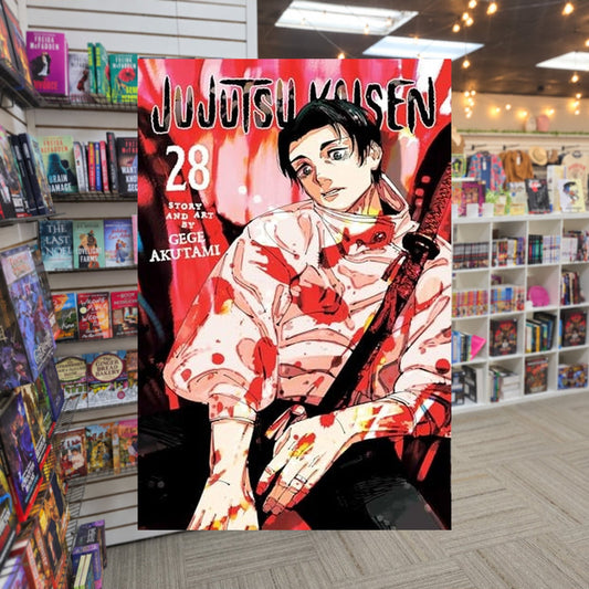 Jujutsu Kaisen, Vol. 28 by Gege Akutami — actual cover on The Perk bookstore background