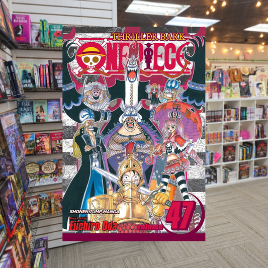 One Piece, Volume 47: Cloudy Partly Bony by Eiichiro Oda — actual cover on The Perk bookstore background