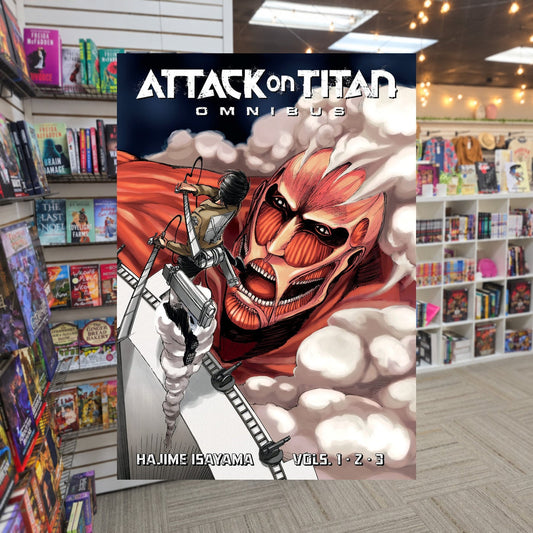Attack on Titan Omnibus 1 Vol. 1-3 by Hajime Isayama — actual cover on The Perk bookstore background