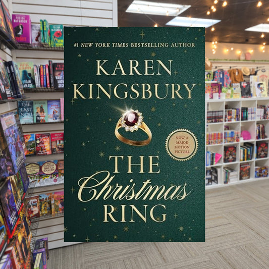 The Christmas Ring by Karen Kingsbury — actual cover on The Perk bookstore background