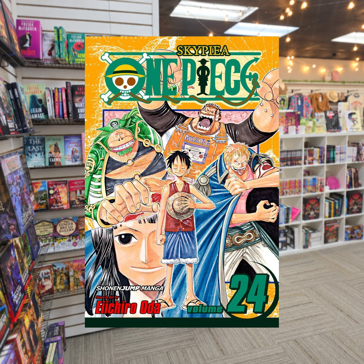 One Piece, Volume 24: People's Dreams by Eiichiro Oda — actual cover on The Perk bookstore background