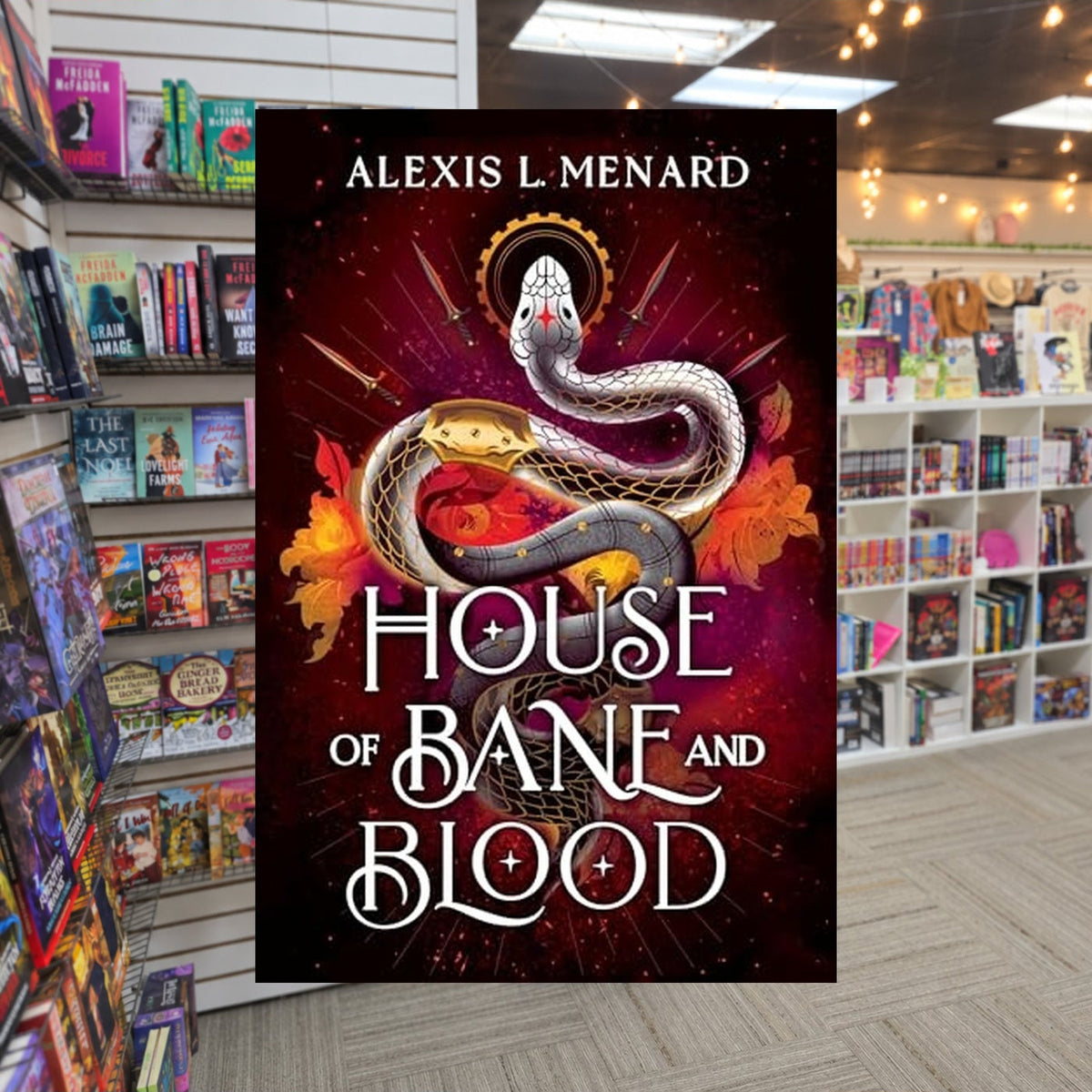 House of Bane and Blood by Alexis L. Menard — actual cover on The Perk bookstore background