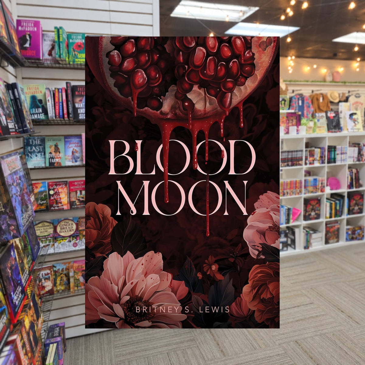 Blood Moon by Britney S. Lewis — actual cover on The Perk bookstore background