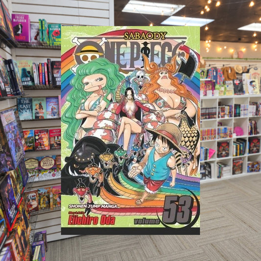 One Piece, Volume 53: Natural Born King  Eiichiro Oda — actual cover on The Perk bookstore background