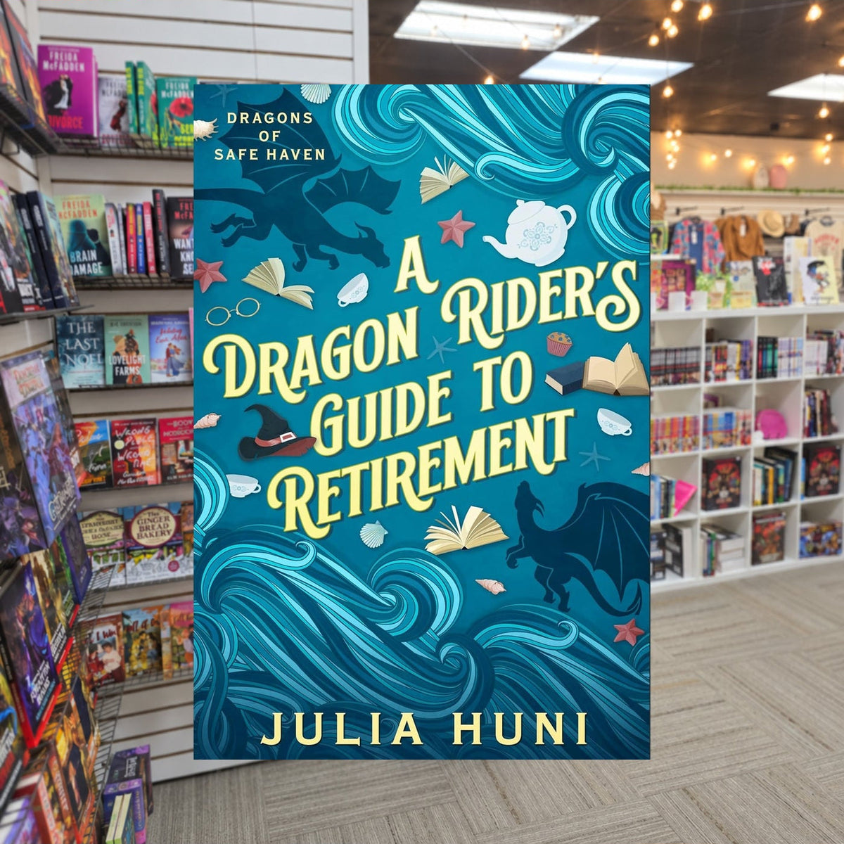 A Dragon Rider's Guide to Retirement by Julia Huni — actual cover on The Perk bookstore background