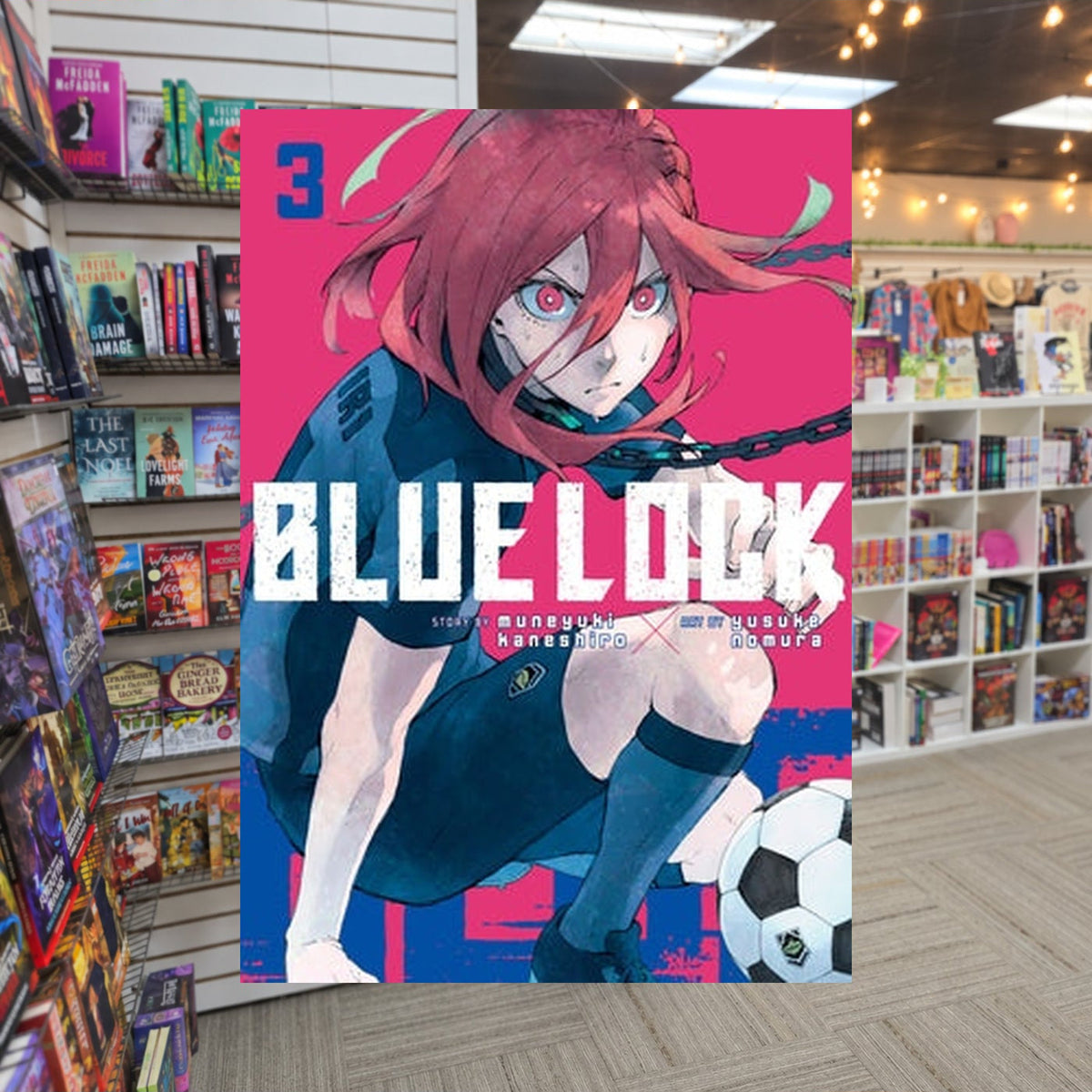 Blue Lock, Vol. 3 by Muneyuki Kaneshiro — actual cover on The Perk bookstore background