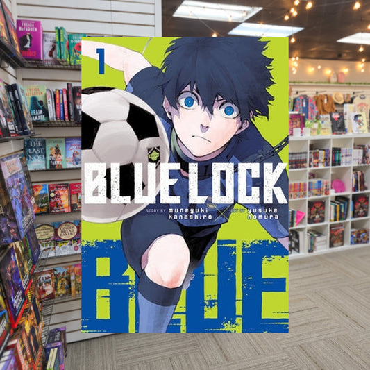 Blue Lock, Vol. 1 by Muneyuki Kaneshiro — actual cover on The Perk bookstore background