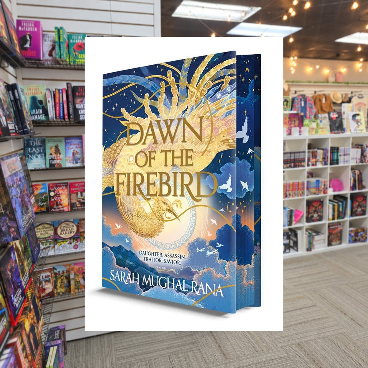Dawn of the Firebird by Sarah Mughal Rana — actual cover on The Perk bookstore background