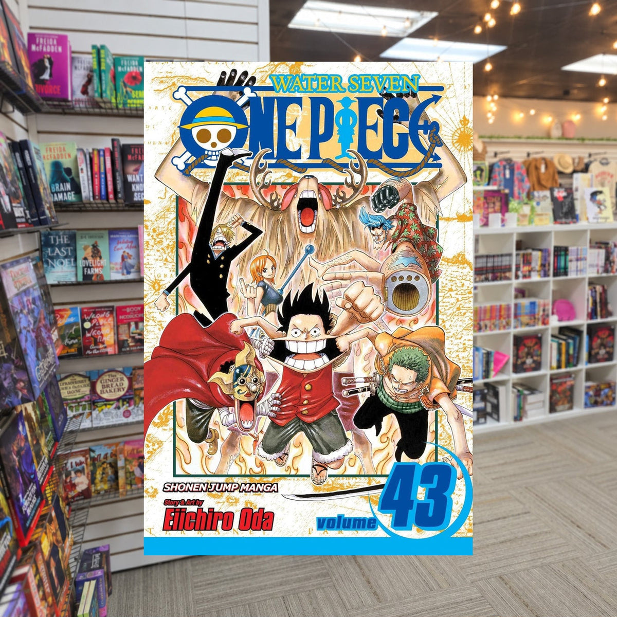 One Piece, Volume 43: Legend of a Hero by Eiichiro Oda — actual cover on The Perk bookstore background