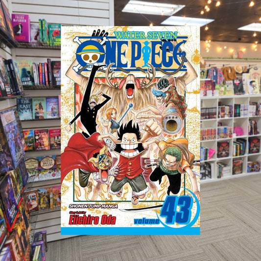 One Piece, Volume 43: Legend of a Hero by Eiichiro Oda — actual cover on The Perk bookstore background
