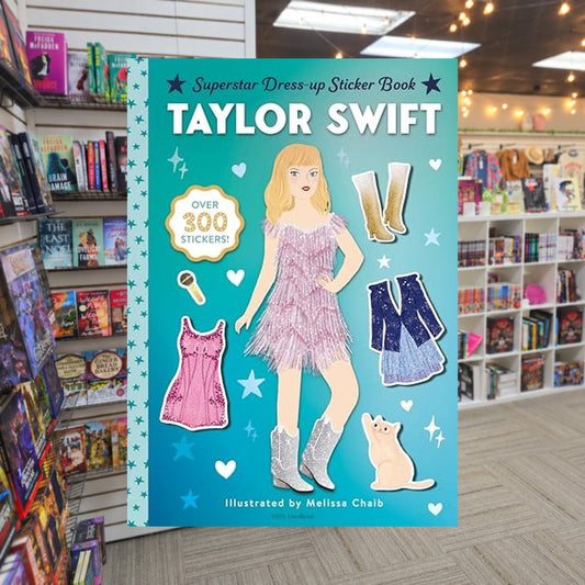 Taylor Swift Superstar Dress-Up Sticker Book: Over 300 Stickers! by Random House — actual cover on The Perk bookstore background