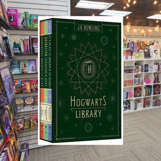 Hogwarts Library by J.K. Rowling — actual cover on The Perk bookstore background