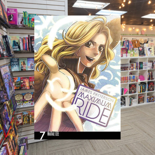 Maximum Ride, Vol. 7 by NaRae Lee — actual cover on The Perk bookstore background