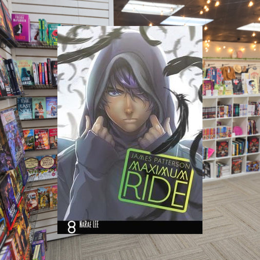 Maximum Ride, Vol. 8 by NaRae Lee — actual cover on The Perk bookstore background