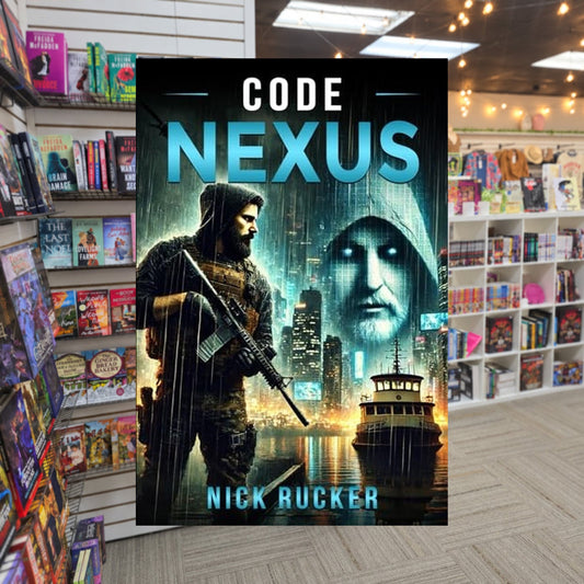Code Nexus by Nick Rucker — actual cover on The Perk bookstore background