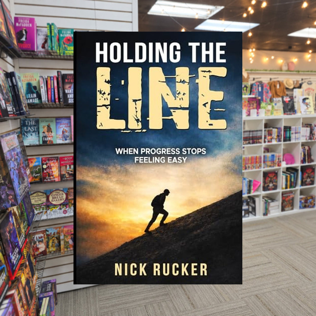 Holding The Line: When progress stops feeling easy by Nick Rucker — actual cover on The Perk bookstore background