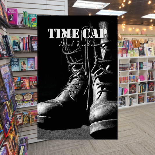 Time Cap by Nick Rucker — actual cover on The Perk bookstore background