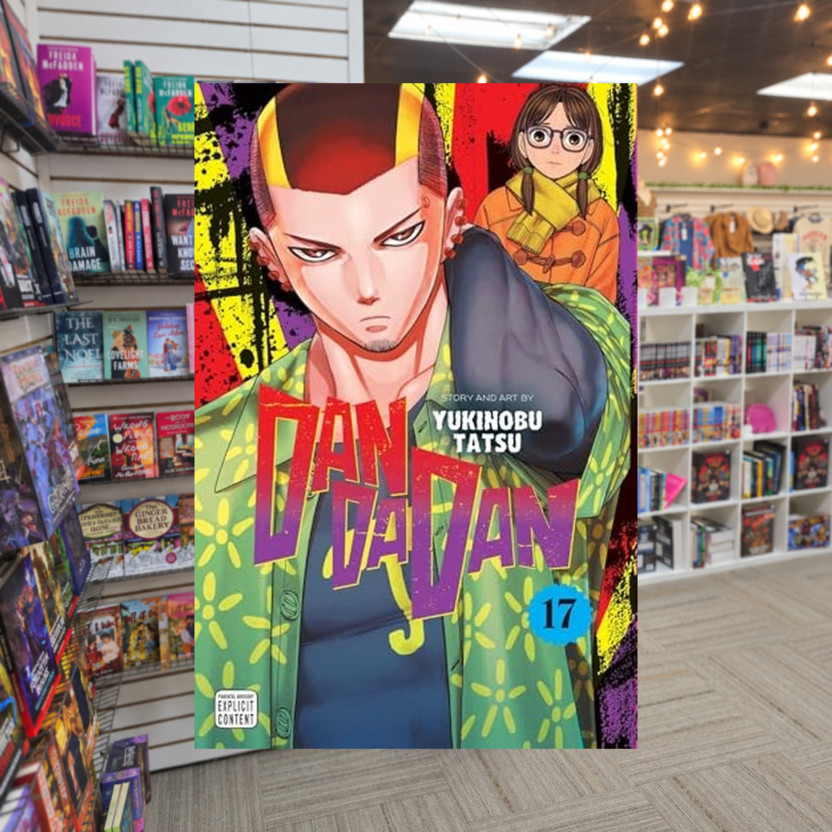 DanDaDan, Vol. 17 by Yukinobu Tatsu — actual cover on The Perk bookstore background