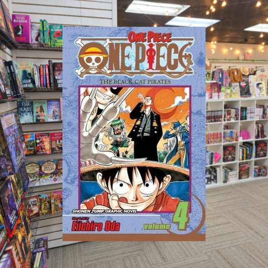 One Piece, Volume 4: The Black Cat Pirates by Eiichiro Oda — actual cover on The Perk bookstore background