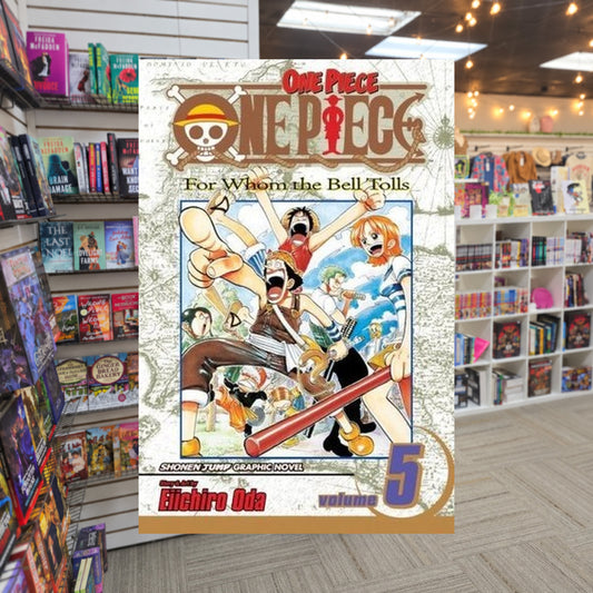 One Piece, Volume 5: For Whom the Bell Tolls by Eiichiro Oda — actual cover on The Perk bookstore background