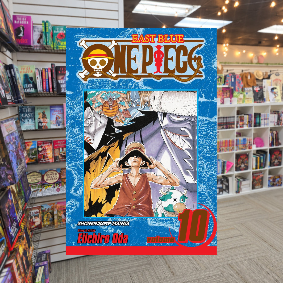 One Piece, Volume 10: OK, Let's Stand Up! by Eiichiro Oda — actual cover on The Perk bookstore background