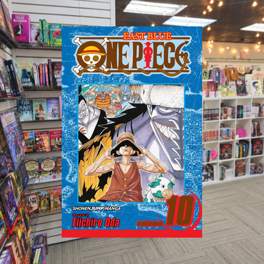 One Piece, Volume 10: OK, Let's Stand Up! by Eiichiro Oda — actual cover on The Perk bookstore background