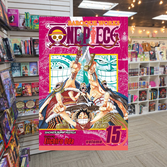 One Piece, Volume 15: Straight Ahead! by Eiichiro Oda — actual cover on The Perk bookstore background
