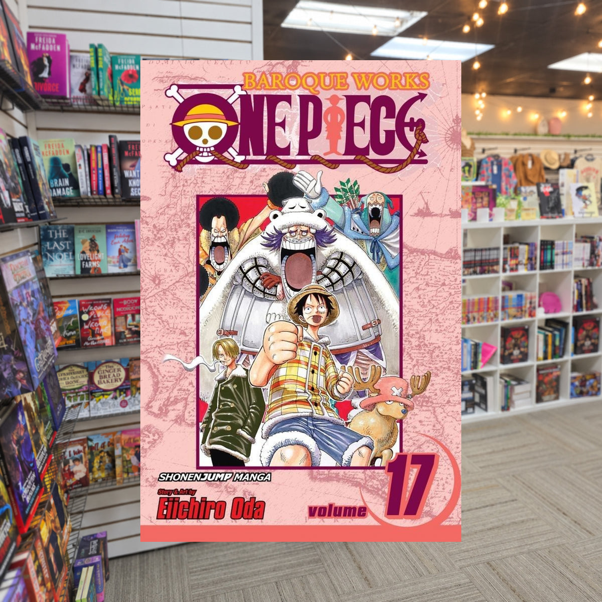One Piece, Volume 17: Hiriluk's Cherry Blossoms by Eiichiro Oda — actual cover on The Perk bookstore background