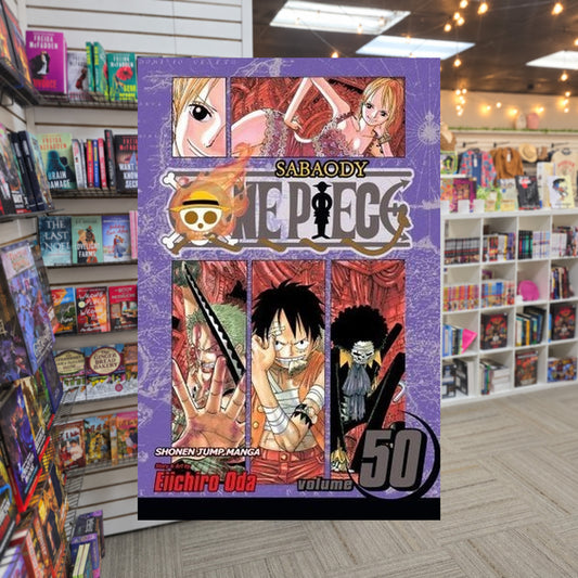 One Piece, Volume 50: Arriving Again by Eiichiro Oda — actual cover on The Perk bookstore background