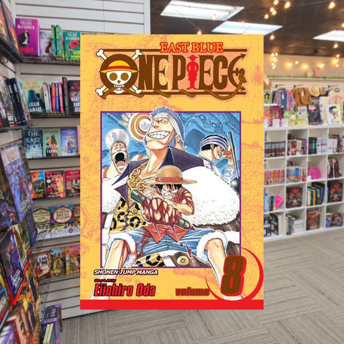 One Piece, Volume 8: I Won't Die by Eiichiro Oda — actual cover on The Perk bookstore background