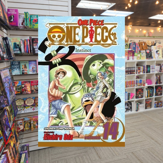 One Piece, Volume 14: Instinct by Eiichiro Oda — actual cover on The Perk bookstore background