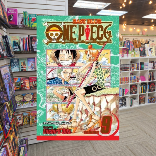 One Piece, Volume 9: Tears by Eiichiro Oda — actual cover on The Perk bookstore background