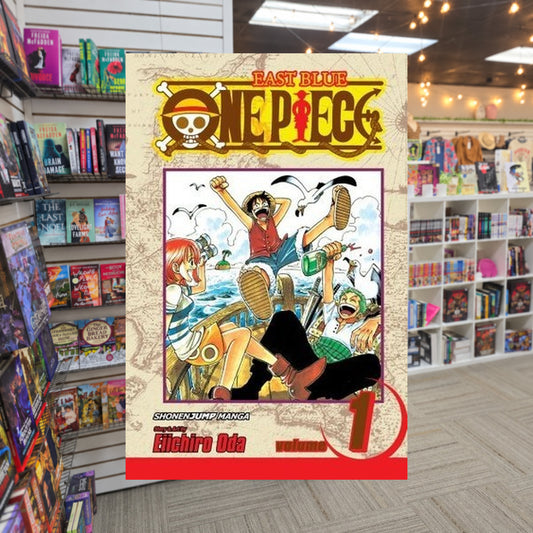 One Piece, Volume 1: Romance Dawn by Eiichiro Oda — actual cover on The Perk bookstore background