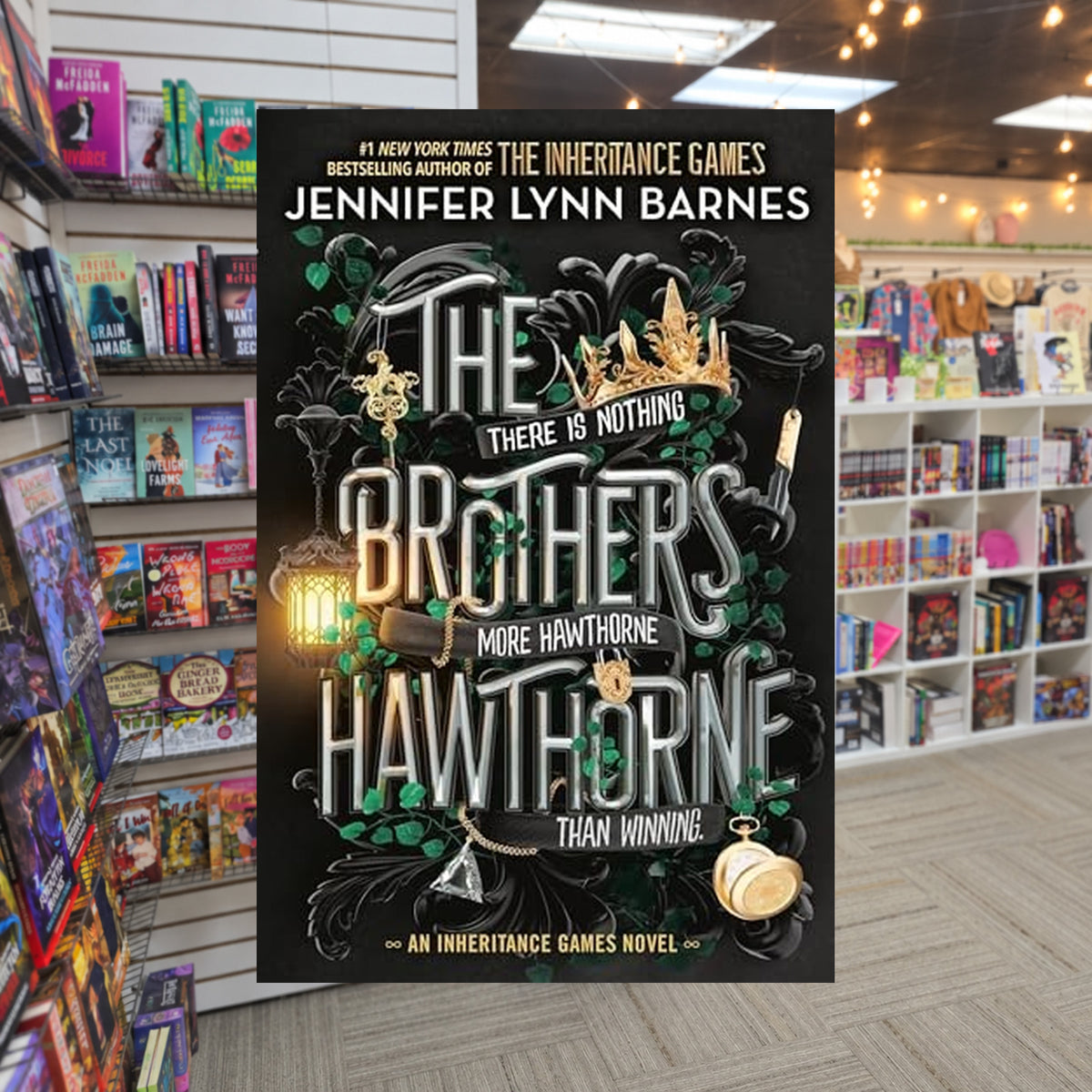 The Brothers Hawthorne by Jennifer Lynn Barnes — actual cover on The Perk bookstore background