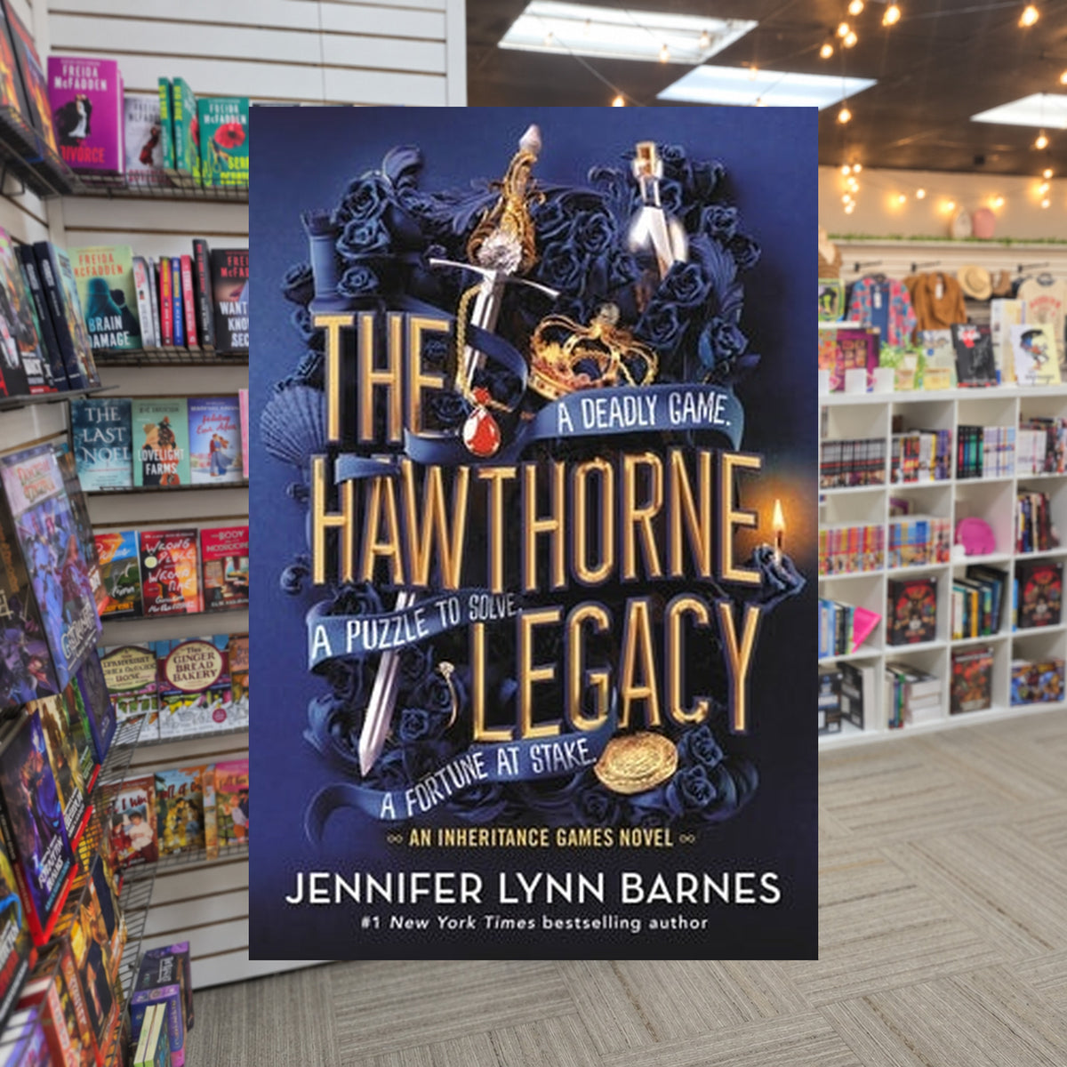 The Hawthorne Legacy by Jennifer Lynn Barnes — actual cover on The Perk bookstore background