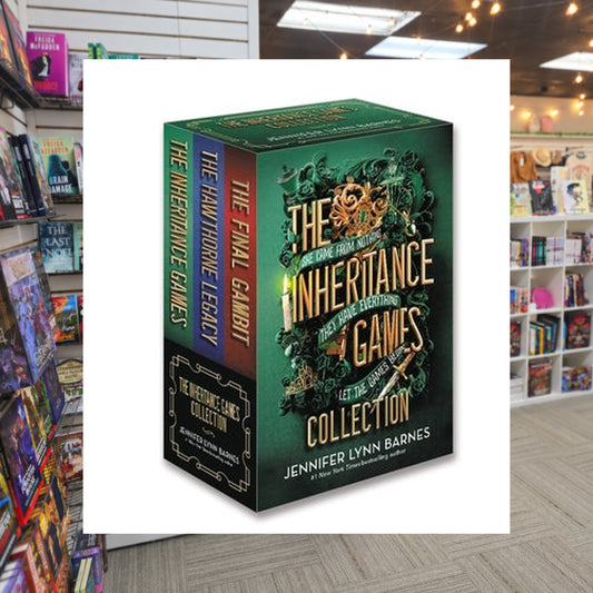 The Inheritance Games Collection by Jennifer Lynn Barnes — actual cover on The Perk bookstore background