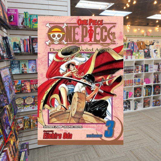 One Piece, Volume 3: Don't Get Fooled Again by Eiichiro Oda — actual cover on The Perk bookstore background