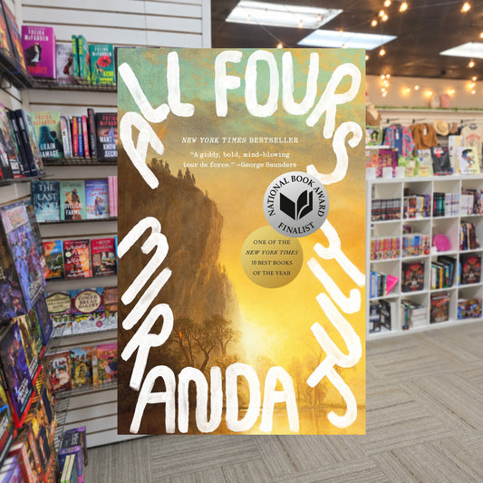 All Fours by Miranda July — actual cover on The Perk bookstore background