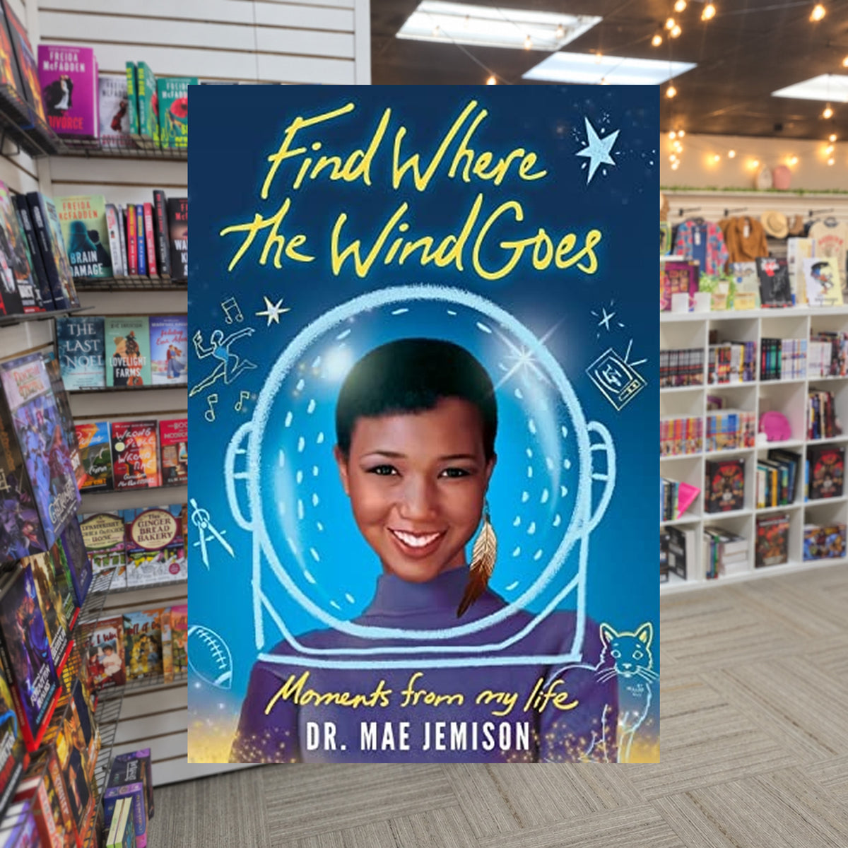 Find Where the Wind Goes: Moments From My Life by Mae C. Jemison — actual cover on The Perk bookstore background