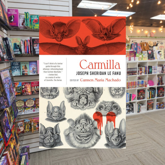 Carmilla by J. Sheridan Le Fanu — actual cover on The Perk bookstore background