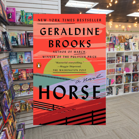 Horse by Geraldine Brooks — actual cover on The Perk bookstore background