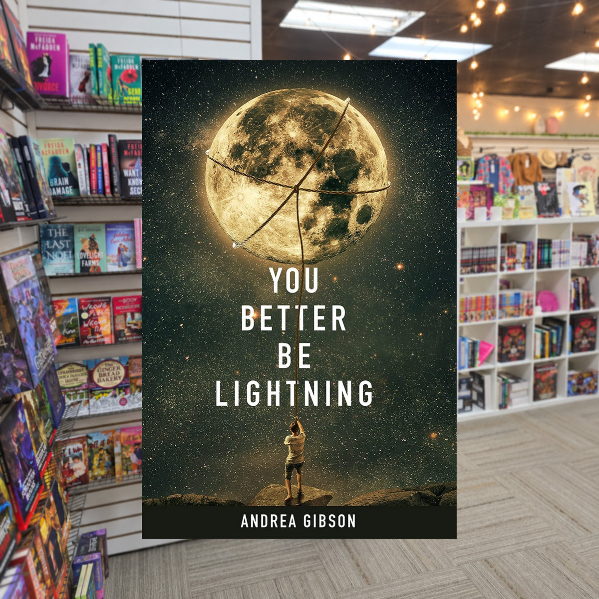 You Better Be Lightning by Andrea Gibson — actual cover on The Perk bookstore background