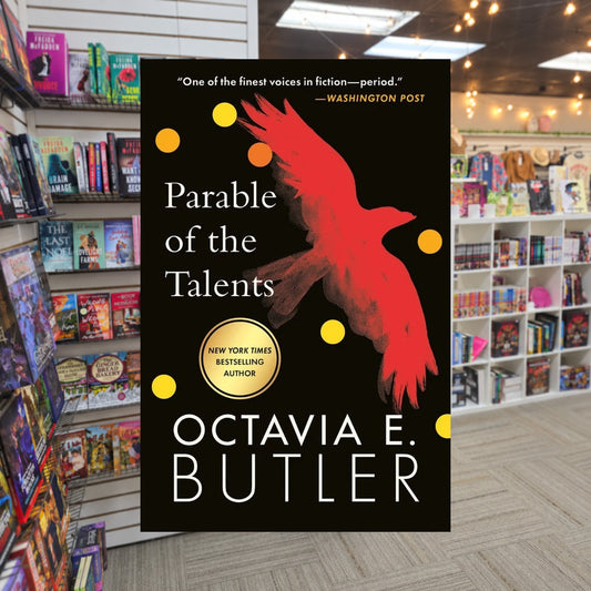 Parable of the Talents by Octavia E. Butler — actual cover on The Perk bookstore background