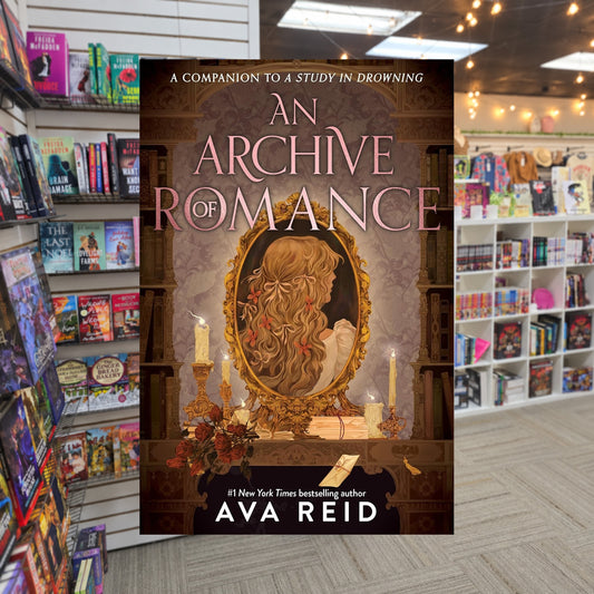 An Archive of Romance by Ava Reid — actual cover on The Perk bookstore background
