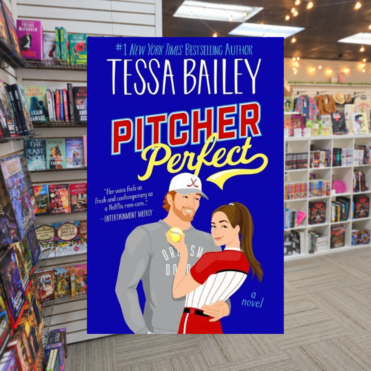 Pitcher Perfect by Tessa Bailey — actual cover on The Perk bookstore background