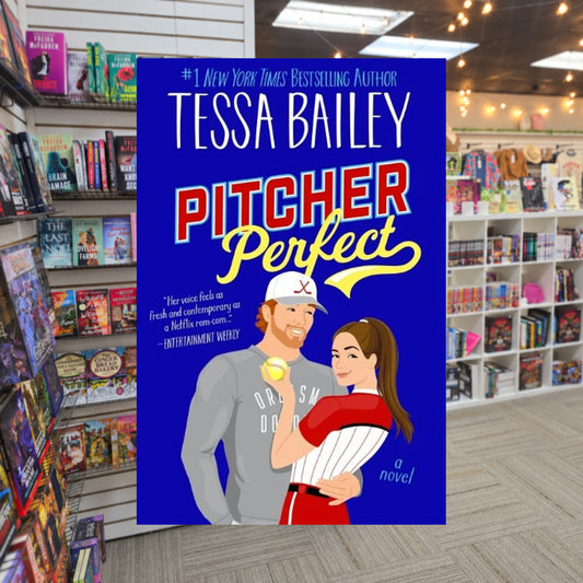 Pitcher Perfect by Tessa Bailey — actual cover on The Perk bookstore background