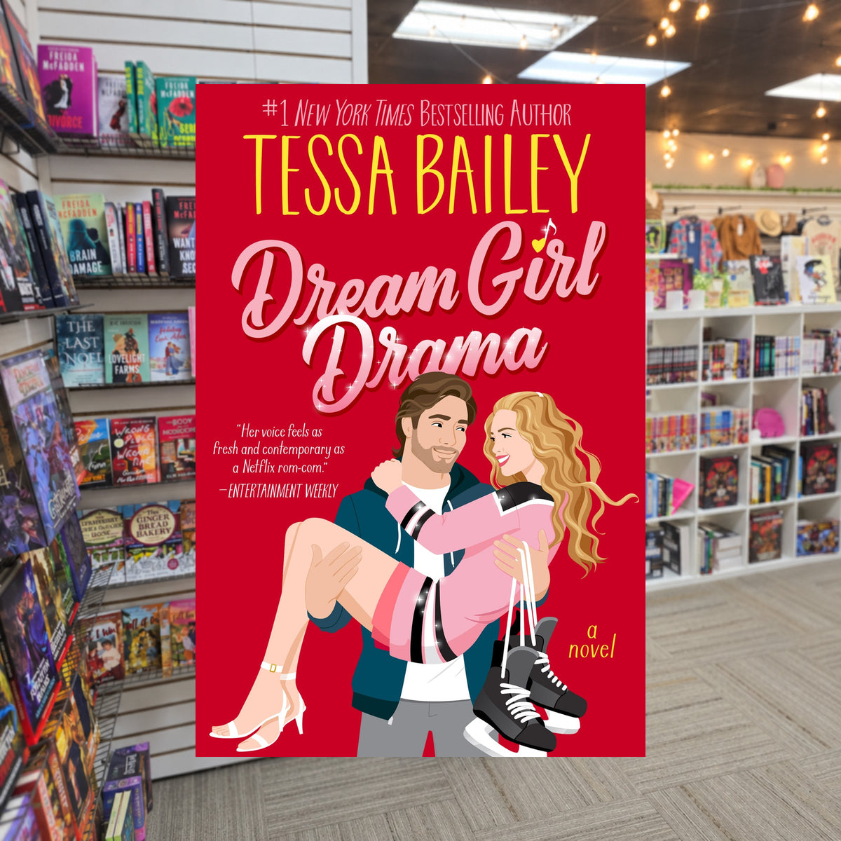 Dream Girl Drama by Tessa Bailey — actual cover on The Perk bookstore background